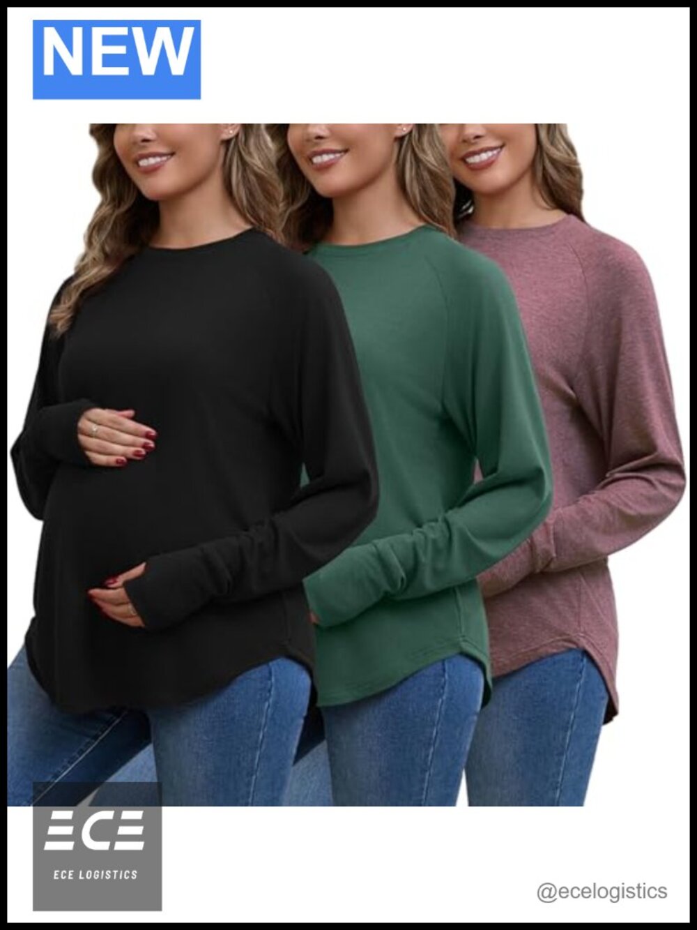 Maternity 3 Pack Long Sleeve Tops Loose Fit Thumb Holes Pregnancy Tees